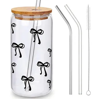 OuryTech Trinkglas mit Strohhalm und Deckel, Black Bow Glasbecher mit Deckel und Strohhalm, Iced Coffee und Matcha Tumbler, Geburtstagsgeschenk für Frauen, Clean Girl Stuff, 16 Oz
