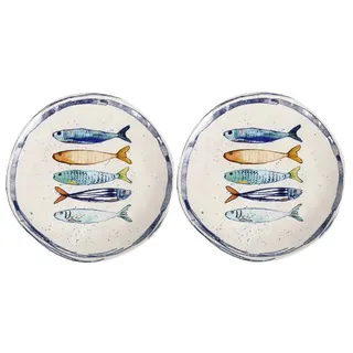 Teller im mediterranen Design mit Sardinen-Motiv | Maritime Speiseteller (26 cm), Suppenteller (21 cm) oder Dessertteller (20 cm) aus robusten Steinzeug, glattes Finish (2er Set Speiseteller (26cm))