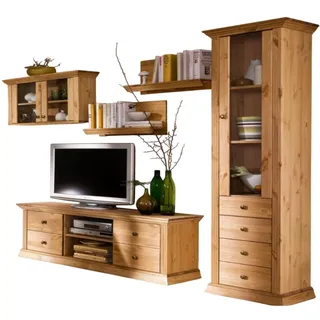 Clever-Moebel Wohnwand 5tlg. Wohnwand aus Kieferholz im Landhausstil TV Regal Schrank, (bestehend aus Vitrine, Lowboard, Hängeschrank, Wandregal 2er Set) beige