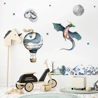 DRACHEN & Heißluftballon Wandtattoo Set V245 | handgezeichnet | AUFKLEBER Kindergarten | Wandsticker Kinderzimmer Drache Mond Wolken (50 x 50 cm)