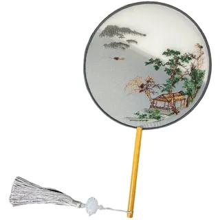 fxwtich Palastfächer mit Quaste, runder Bambusfächer, chinesischer bestickter runder Fächer, Pfauen, Blumen, Panda, Bambus, Vintage-Handfächer E