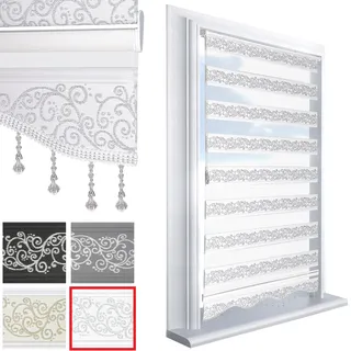 Brillant Doppelrollo Klemmfix ohne Bohren Weiß Silber 200 x 60 cm (Länge x Breite) Duorollo Blickdicht mit Perlen, glitzert, Raffrollo Fenster Tür Zebra Perde Klemmrollo Seitenzugrollo