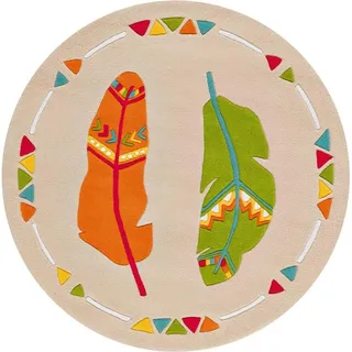 Padiro Verspielter runder Kinderteppich Ø 130 cm - Hellbeige - verspieltes Kindermotiv - mit Blattmotiv - für Fußbodenheizung - Beige