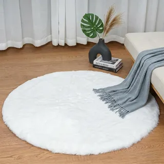 Goolela Teppich Weiß Rund 120 cm, Kunstfell Flauschiger Teppich für Schlafzimmer und Kinderzimmer