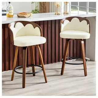 BBWL Barhocker 2er Set Blüten Rückenlehne Bugholz PU Leder Metall Fußstütze, ergonomisch Kücheninsel Bartresen stabil gepolstert hochwertig weiß
