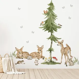 Mica-Mica Waldtiere Wandtattoo fürs Kinderzimmer, Wanddeko, Wandsticker (Large, Rehkitze mit Baum)