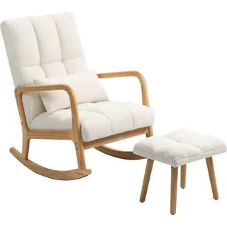 HOMCOM Schaukelstuhl mit Hocker Schaukelsessel mit Fleece-Bezug, Armlehnen, hoher Rückenlehne, Holzkufen, Gepolstert Schwingsessel Relaxsessel Stillsessel für Wohnzimmer, Schlafzimmer Weiß   Aosom