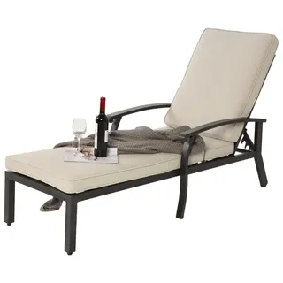 LVHOM Gartenliege Sonnenliege mit 5-Fach höhenverstellbarer Rückenlehne, bis 120kg, 1xLiege, Baumwollkissen, ergonomische Armlehnen, rostfreies Aluminiumgestell, witterungsbeständig, rutschfestes Design kann mit einem kleinen Beistelltisch kombiniert werden, geeignet zum Entspannen, Lesen oder Sonnenbaden, für Garten, Poolbereich, Terrasse weiß