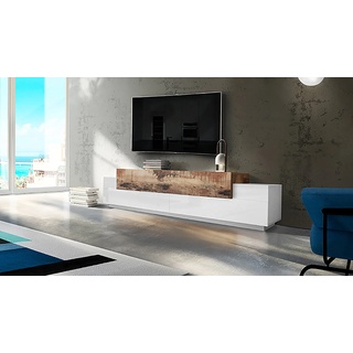 Dmora - Fernsehschrank Nico, Niedriges Sideboard für Wohnzimmer, Sockel für TV-Möbel, 100 % Made in Italy, cm 240x45h52, Weiß glänzend und Ahorn