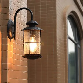 DOCJX Wandleuchte Retro Holz Dekor Außenlampe Vintage Schwarz Wandlampe Wasserdicht IP54 Aluminiumguss und Glas Aussenleuchte E27 Landhaus Gartenlampe Hauseingang Hof Eingangs Außen-Wandleuchte