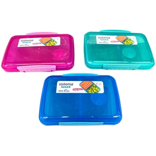 Sistema Vorratsbehälter, 350 ml, 3er-Pack, bunt - Lunchbox Split 2fach unterteilt 1735 - pink, blau, türkis + Gratis 4er Set EKM Living Edelstahl Trinkhalme