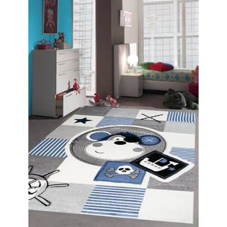 Kinderteppich Kinderteppich Spielteppich Teppich Kinderzimmer Babyteppich Pirat Affe in Blau, Teppich-Traum, Rund, Höhe: 13 mm blau|grau|schwarz|weiß Rund - 120 cm x 120 cm x 13 mm