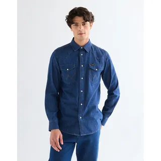 Langarmhemd WRANGLER "WESTERN SHIRT", Herren, Gr. L, N-Gr, blau (caroline_creek), Web, Obermaterial: 100% Baumwolle, regular fit normal, Ärmel mit Ärmelschlitz Manschette mit Druckknöpfen, Hemden