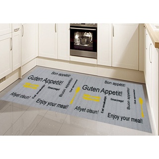 Teppich »Küchenteppich waschbar mit Schriftzug Guten Appetit in Grau Gelb«, TeppichHome24, rechteckig gelb|grau|schwarz 67 cm x 180 cm