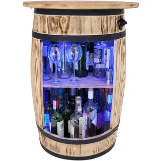 weeco Barschrank mit tischplatte und LED RGB Leuchten - Tisch Home bar - Fassbar - Weinregal Holz - Retro deko Bar Regal - Holzfass mit Deckel - Minibar Gin Whisky Bier Tabelle 80x50cm