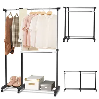 HOMASIS Kleiderständer höhenverstellbar, Kleiderstange auf Rollen, Garderobenständer mit Schuhablage, Garderobe aus Stahl, Rollgarderobe Ausziehbar, Clothes Rack Kleiderwagen stabil (Modell 3)