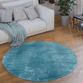 Paco Home Waschbarer Teppich Rund Wohnzimmer Kurzflor Modern Flauschig Waschbar Einfarbig rutschfest Türkis, 80 cm Rund,