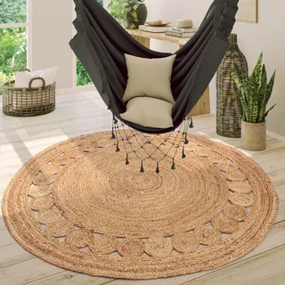 Paco Home - Teppich Rund Wohnzimmer Jute Boho Ethno Muster Modern Handgefertigt Naturteppich Ø 100 Cm Rund, Natur