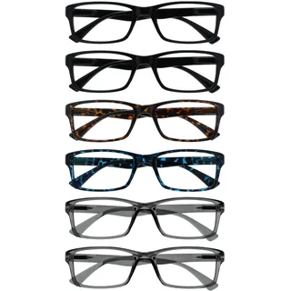OPULIZE PEP Lesebrille für Damen und Herren - 6er Pack- Große Rechteckige Brille - Komfortable Federscharniere - Kratzfest - Schwarz Braun Blau Grau +1.50
