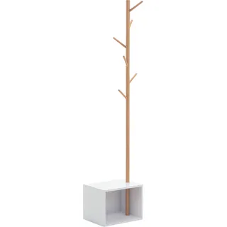 HOMCOM Garderobenständer Kleiderhaken Garderobe mit Sitzbank Stauraum Baum-Design Zweige 6 Haken Bambus Weiß Natur 40 x 30 x 180 cm   Aosom