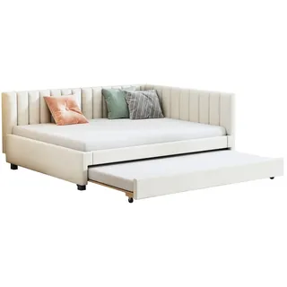 OKWISH Schlafsofa 140x200 cm, ausziehbares Tagesbett, gepolstert, Samtstoff, Lattenrost, stabil & komfortabel, Mid-Century-Modern, Beige