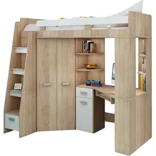 Hochbett mit Schreibtisch, Schrank und Regalen - Platzsparendes Jugendbett - Komplettes Möbelset (120x204 cm) - Kinderbett 80x200 cm mit Stauraum - Treppe Linken Seite (Eiche Sonoma/Weiß)