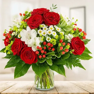 Großer rot-weißer XXL Premiumblumenstrauß - 10 großblütige rote Edelrosen, Hypericum, Alstromerien und Santinis - Blumenversand Rosenbote - Inklusive gratis Grußkarte