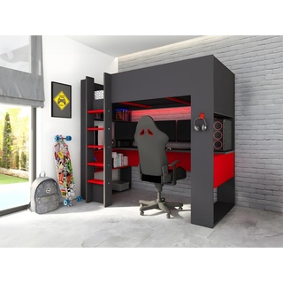 Hochbett mit Gaming-Schreibtisch & Stauraum mit LEDs - 90 x 200 cm - Anthrazit & Rot - NOAH