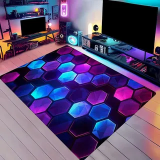 LOMDEM 3D Geometrie Neon Graffiti Gaming Teppich für Jungen Teenager-Schlafzimmer, Teppich für Kinderzimmer, Wohnzimmer, Spielzimmer-Zubehör, Bodenmatte, Läufer, Fußmatte, 50x80 cm, Blau Lila