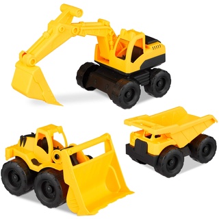 Relaxdays 10023916, 3er Set Spielzeug Baufahrzeuge, Bagger, Frontlader & LKW, für Sandkasten & Kinderzimmer, aus Kunststoff, Gelb