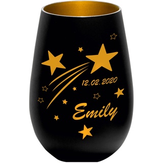 Sternenkind Trauerlicht Sternschnuppe - schwarz/Gold - Gedenklicht Teelichtglas personalisierbar Erinnerung Trauergeschenk mit Name und Datum