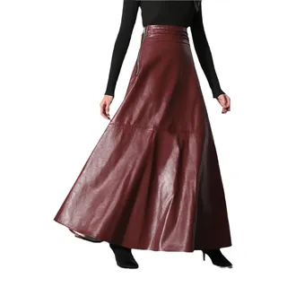 Ownwfeat Herbst hohe Taille langer PU-Lederrock Retro Damen Slim Fit Leder A-Linie Fischschwanzröcke, rot, 40 - M