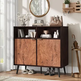 Garvee Sideboard Kommode 80x40x80cm, Retro Beistellschrank mit 2 Türen in Wurzelholz-Optik & 2 Offenen Fächern, Saugroboter-freundlicher Aufbewahrungsschrank für Wohnzimmer, Flur, Kaffeebar, Walnuss