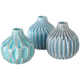 ReWu Vase 3er Set Keramik Shabby Chic Blau, Hellblau und Türkis