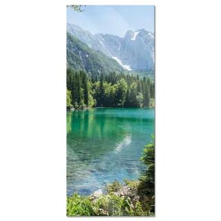 Pixxprint Glasbild Panorama, Wandbild aus Echtglas, Bergsee mit Wald, 120x50 cm, inkl. Aufhängung und Abstandshalter