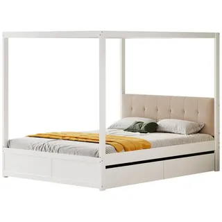 OKWISH Bett Himmelbett aus Holz, Doppelbett Kinderbett Hausbett (mit großen Schubladen und gepolsterter Rückenlehne, 140 x 200 cm), ohne Matratze weiß