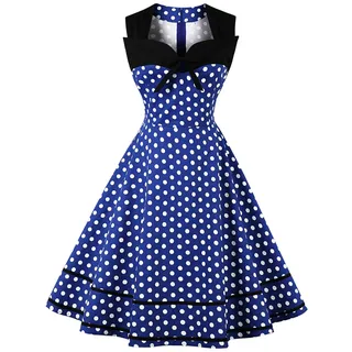 AXOE Damen Rockabilly Kleid 50er 60er Jahre Vintage Elegant Festlich Cocktailkleid für Hochzeitsgast Blau mit Weißen Punkten, Gr. 44, XXL - XXL