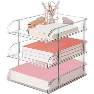 Clear Stapelbare Papierschalen 3-Pack,Ablagefächer Stapelbar Transparent,PET Clear Schreibtisch Brief Tray Set,Stapelbarer Schreibtisch Organizer,Papierablage a4 Stapelbar für Dokumente,Buchmagazin