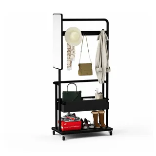 BBG Garderobenständer Garderobenständer mit Rollen und Spiegel, Kleiderständer Metall, (mit Schuhablage und Korb, Mobile Garderobe Flur Garderobe), mit Kleiderstange und Stauraum, Vintage Braun/Schwarz, 70×40×170 cm schwarz