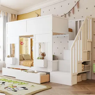 Merax Etagenbett 90x200cm mit Holzgestell, Hochbett mit Stauraumtreppe und 2 Schubladen, Kinderbett mit Fensterdesign, Sicherheitsgeländer, Weiß - Weiß