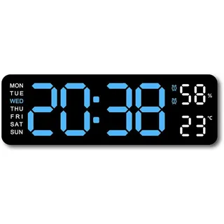 Große Digitale Led-wanduhr Mit Einstellbarer Helligkeit, Gehäuse In Schwarz Und Gletscherblau