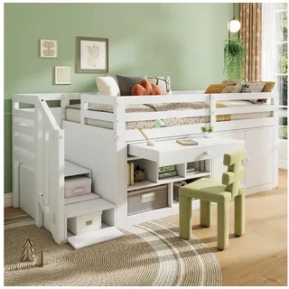 Merax Hochbett Holz Kinderbett mit Schrank, Schreibtisch, Treppe und Leiter, 90x200cm weiß 96 cm x 252 cm x 98.5 cm