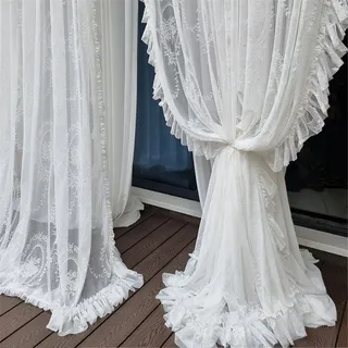 MANQILE Weiße Florale Rüschen Spitze durchsichtiger Vorhang Retro Girly Wohnzimmer Fenster Tüll Vorhänge Hochzeitszimmer Dekor