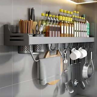 Hovoto Gewürzregal, Gewürzregal Hängend, GewürzregaleKüchenregal wand ohne Bohren, Gewürz Organizer mit Messerschlitz, Haken, Becher, Küchenregal Wand für Gewürze, grau, 50cm