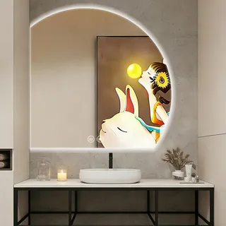 GXSDYYDS LED Badspiegel 100x100cm, Asymmetrischer Viertelkreis Rund Spiegel mit Beleuchtung, Dimmbar & 3 Lichtfarben Einstellbar via Touch, Anti-Beschlag, Badezimmerspiegel Wandspiegel mit Memory