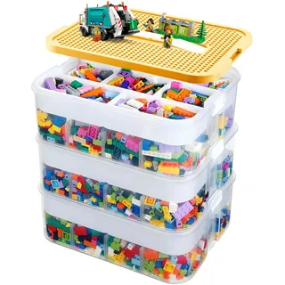 Trintion Aufbewahrungsboxen für Lego, 3-stöckige große stapelbare Aufbewahrungsbox mit Deckeln und verstellbaren Fächern, Lego-Organizer für Bausteine, Ziegel, Puzzle-Board-Organizer (Gelb)