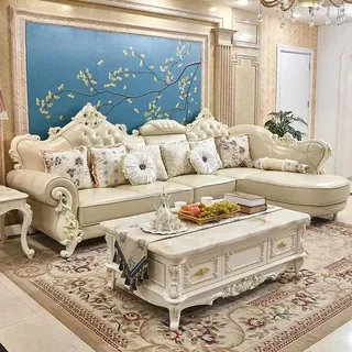 Xlmoebel Ecksofa Elegante Chesterfield-Wohnlandschaft aus Leder und Holz, Wohnlandschaft, Hergestellt in Europa beige