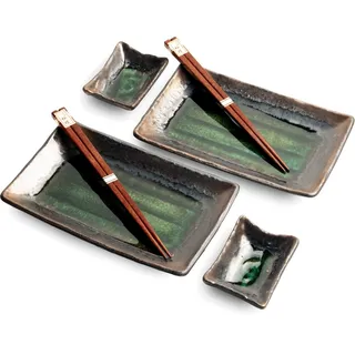 WestCraft Sushiteller SUSHI TELLER SET, Sushi Geschirr Set, Mehrteiliges Sushi-Set, (6 St), für 2 Personen Sushi-Teller, Schalen und Essstäbchen versch. Designs grün