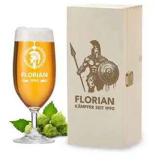 polar-effekt Leonardo Pilstulpe 0,3 Liter & Holzkiste als Set mit Gravur - Personalisiertes Geschenk für Männer - Bierglas für Pils, Craft-Beer und Lager - BPA-Frei