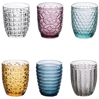 Villa d'Este Home Tivoli Geometrie Set Wassergläser aus farbigem Glas mit geprägter Verarbeitung, 240 ml, 6 Stück, Mehrfarbig